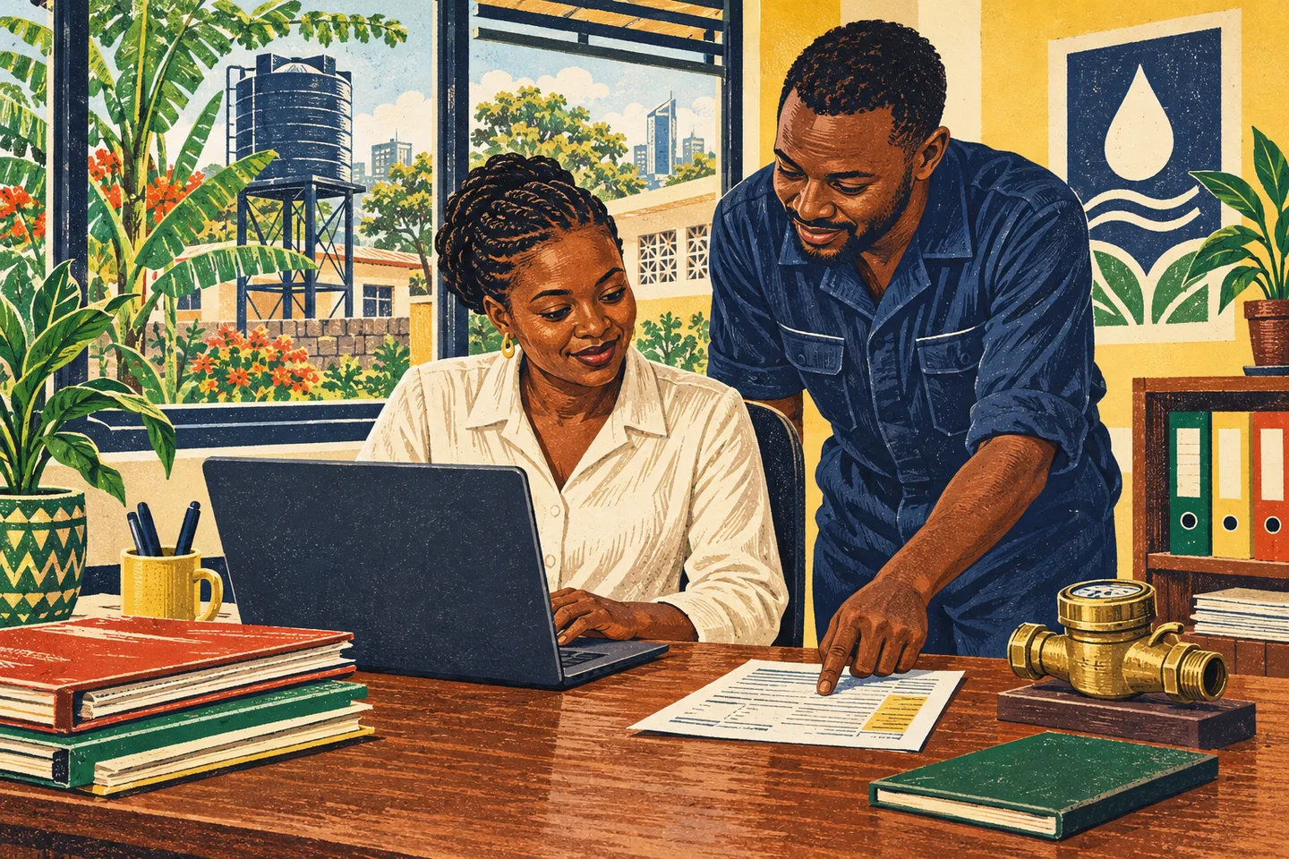 A billing officer and field colleague review a paper bill together beside an open laptop.