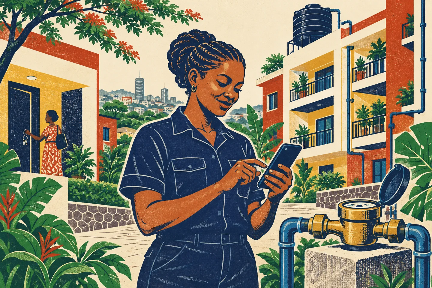 Screenprint illustration of a field operator checking a water meter in a leafy Kenyan neighborhood.