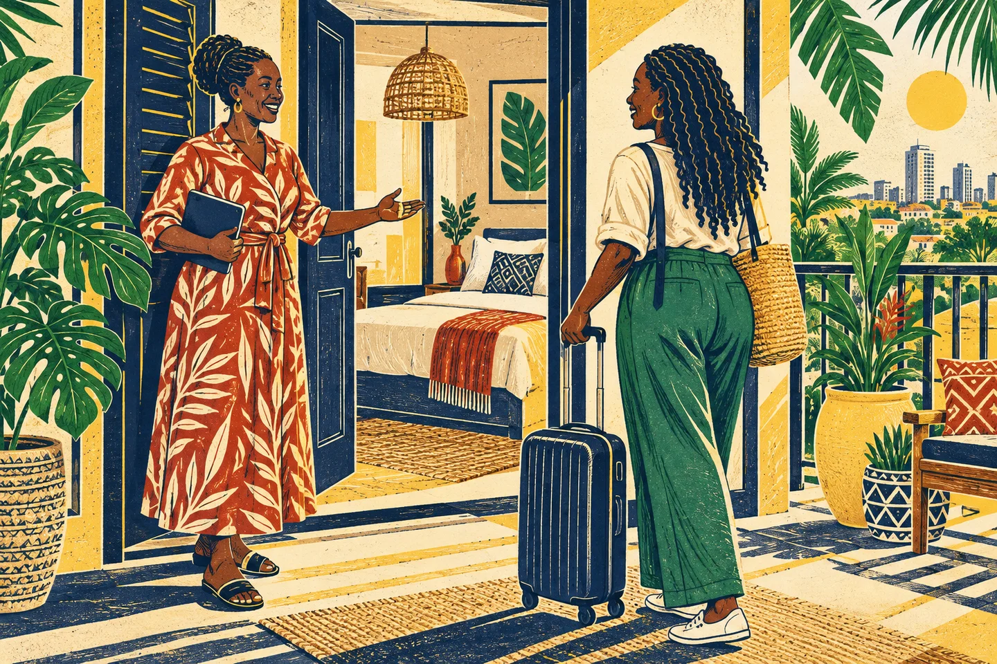 Screenprint illustration of a short-stay host welcoming a guest with a suitcase.