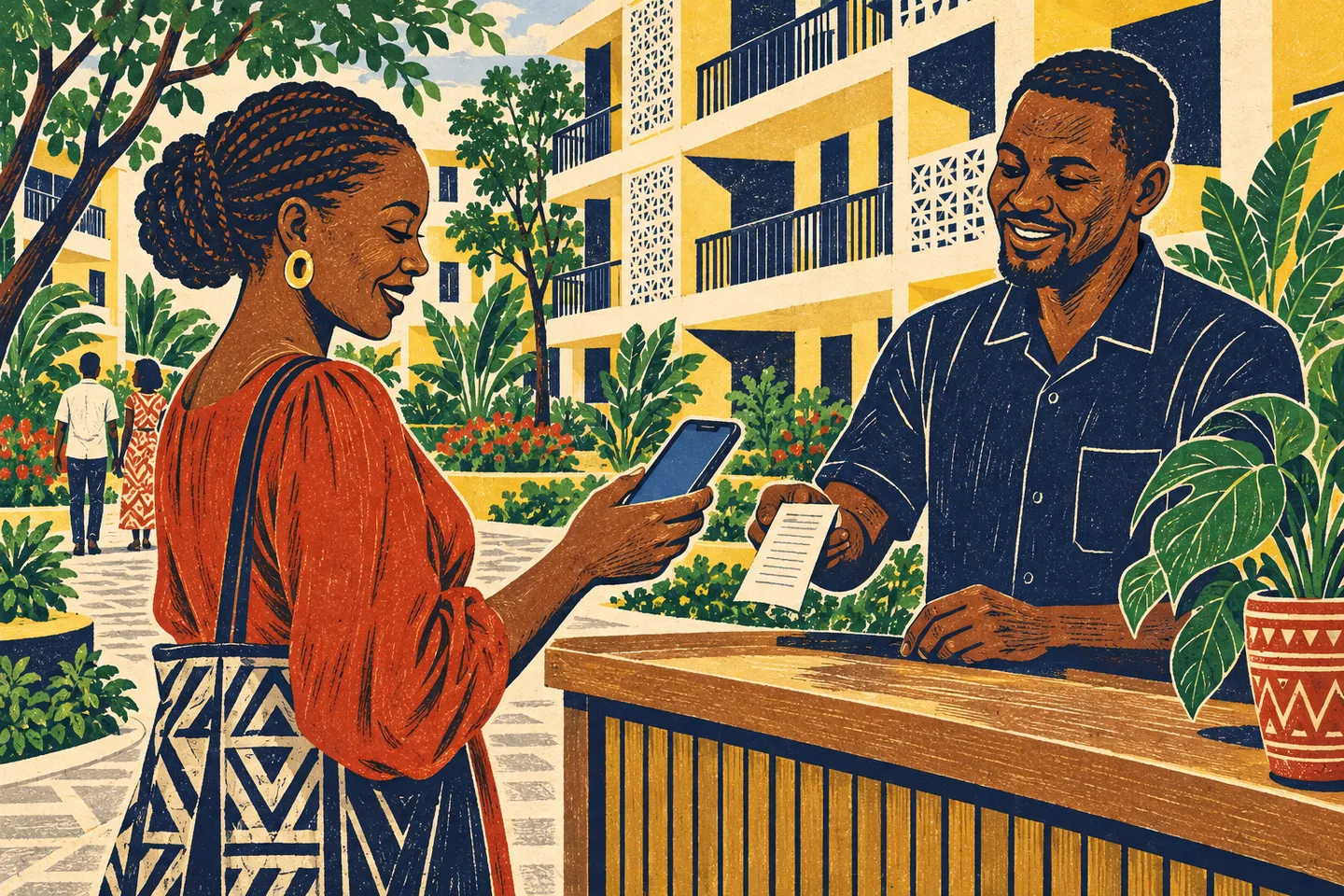 A tenant makes a phone payment while a property administrator presents a receipt.