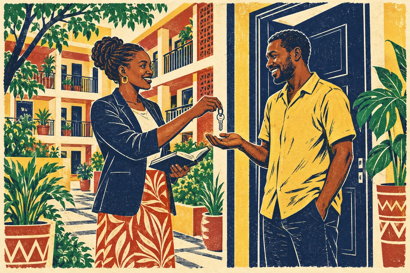 Screenprint illustration of a property manager handing a tenant the keys to an apartment.