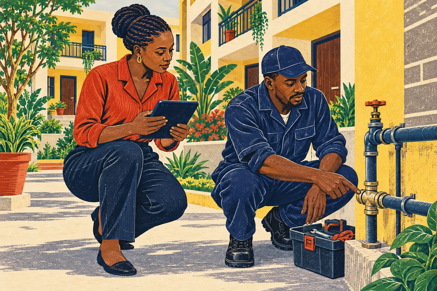 A property manager and maintenance technician inspect a water pipe in an apartment courtyard.