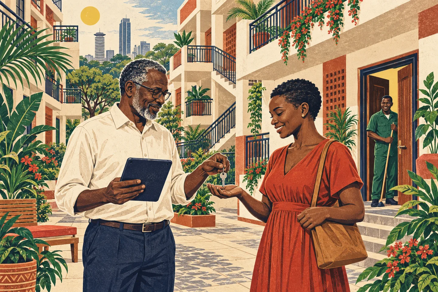 An older property manager holding a tablet hands keys to a young tenant, with a caretaker and apartments behind them.