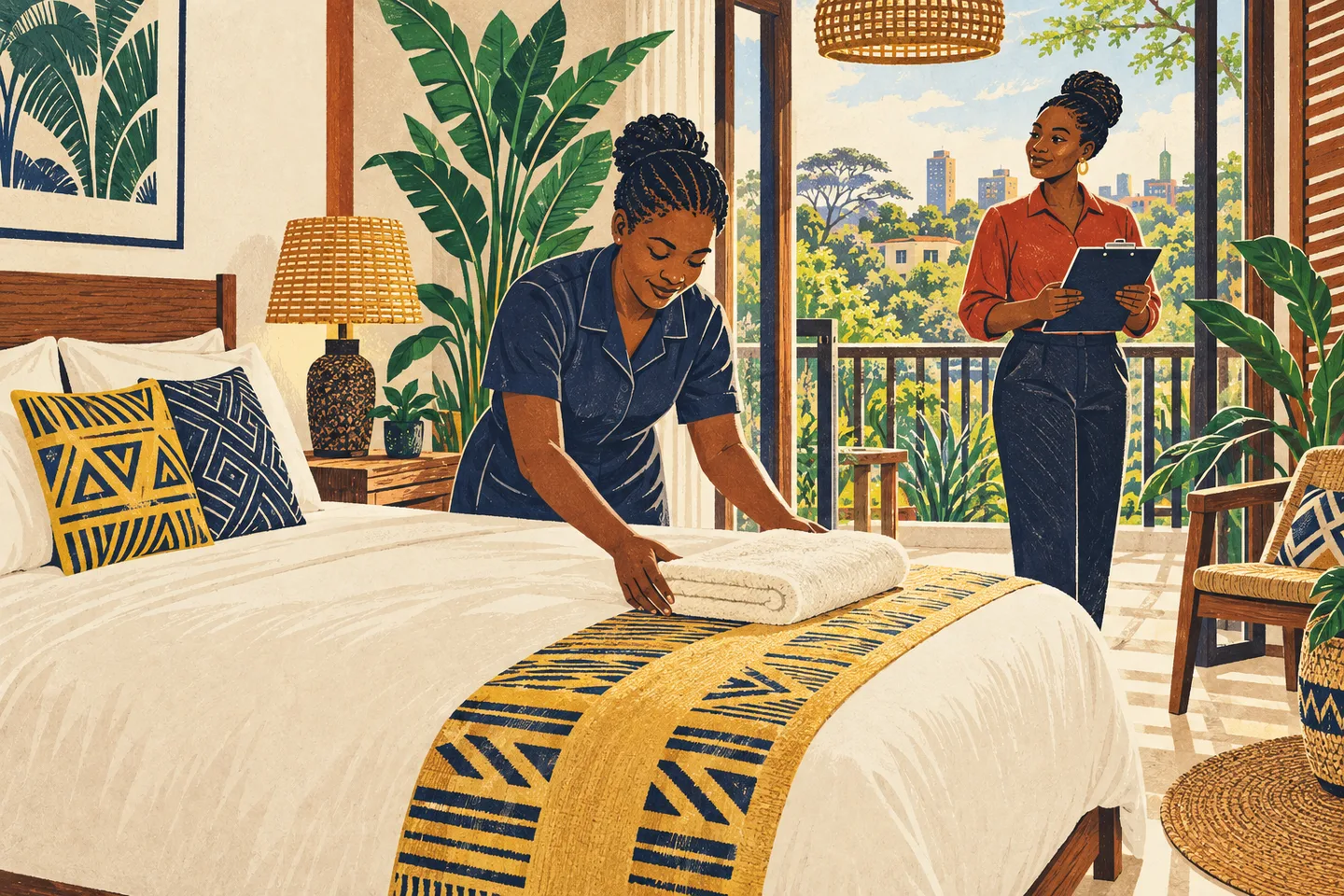 A short-stay team prepares a guest room and checks its readiness.